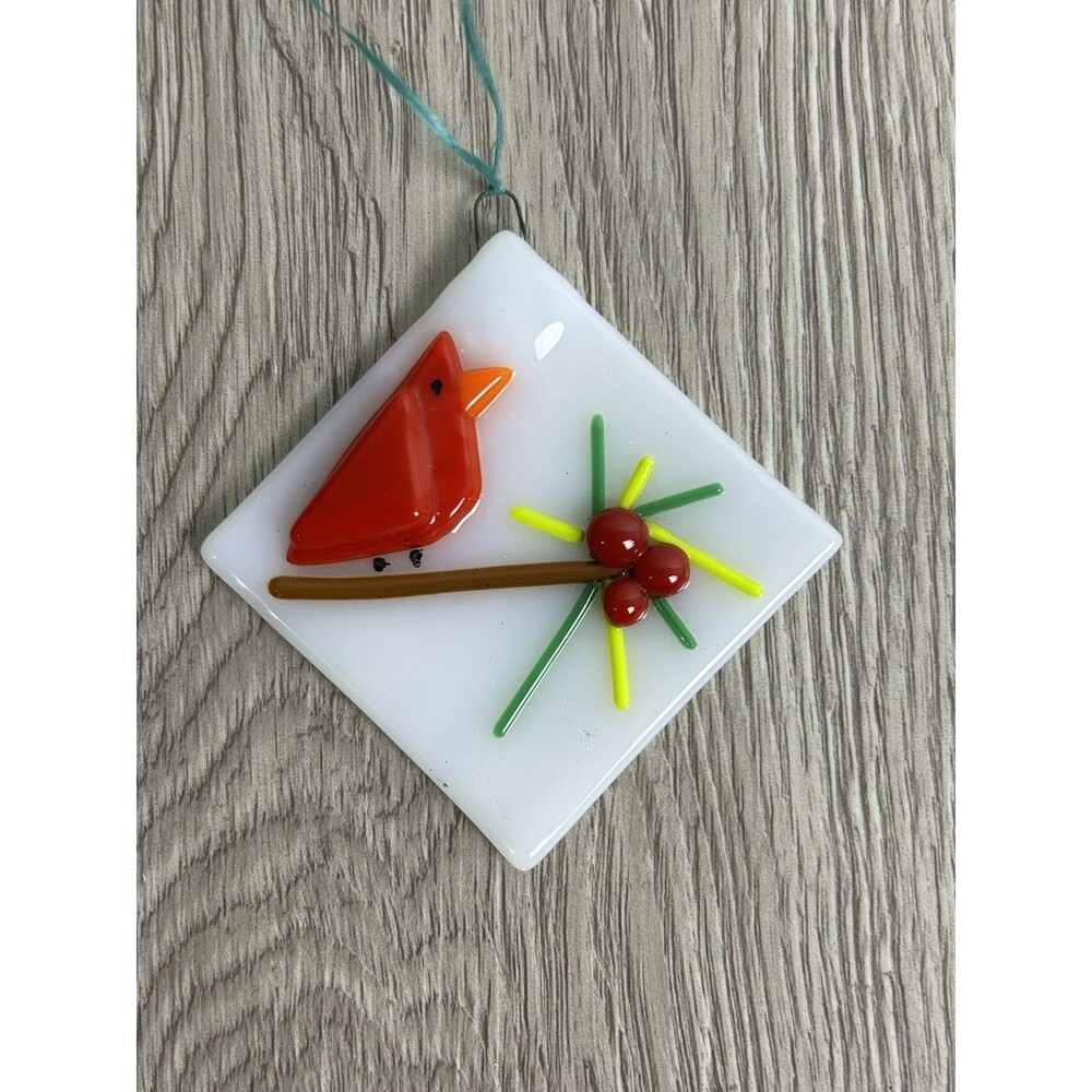 Vintage Fused Art Glass Ornament Cardinal On Branch & Berries Christmas 2”